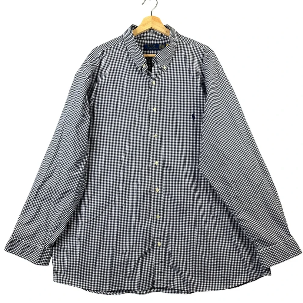 Polo Ralph Lauren Mens 2XB Navy Blue White Gingham Check Stretch Long Slv Shirt